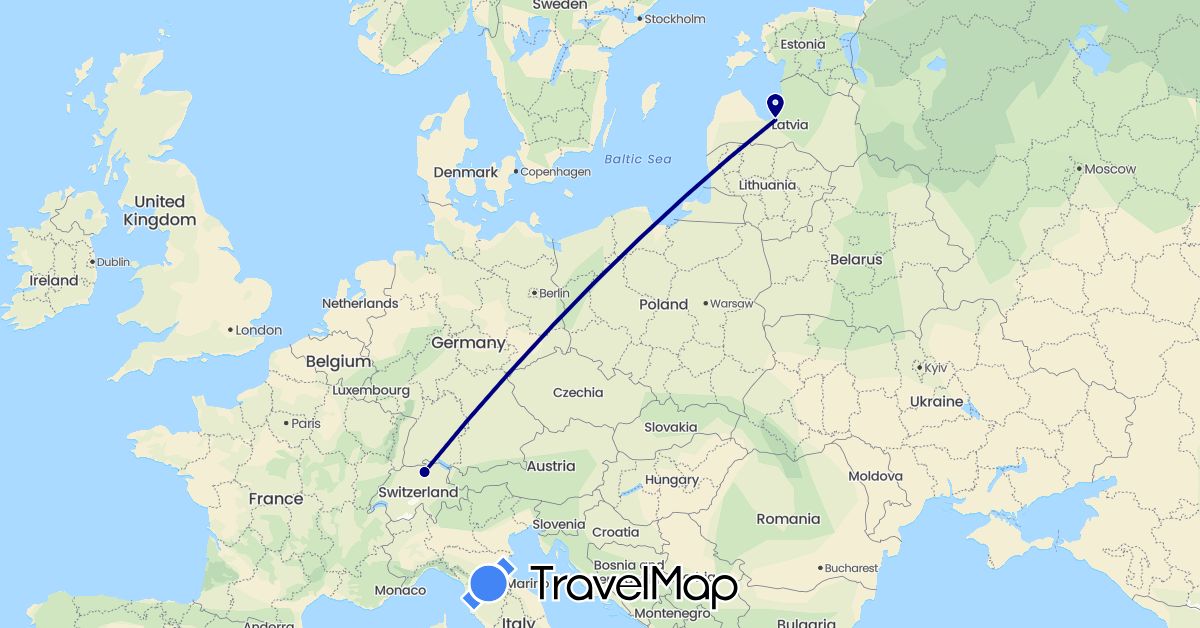 TravelMap itinerary: driving in Switzerland, Latvia (Europe)